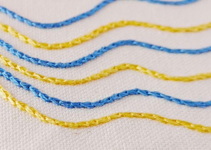 Bordado de punto de cadeneta con hilos amarillos y azules