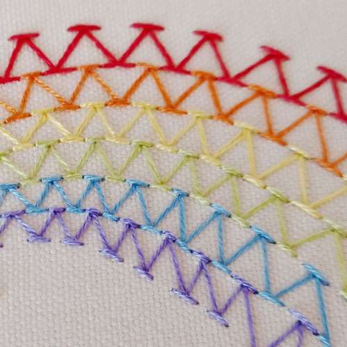 Chevron Stitch Hand Embroidery Video Tutorial: rows embroidered with rainbow color threads