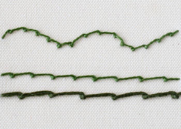 Scroll Stitch embroidery with green threads