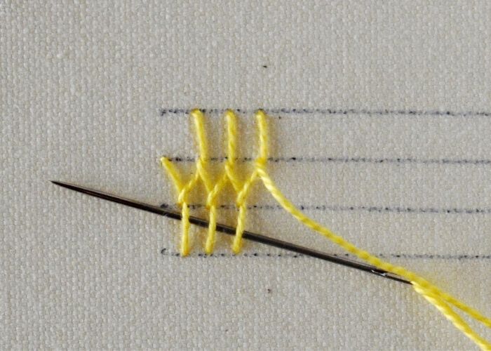 Passez l’aiguille sous le bas des jambes des trois mailles