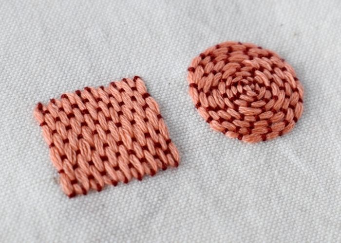 Couching Stitch Filling embroidery sampler - square and circle shapes